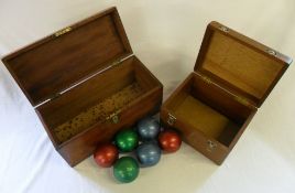 2 old wooden boxes & 6 coloured wooden balls
