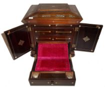 Inlaid rosewood sewing box with pull out writing slope & ink wells