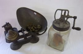 Set of scales with weights & butter churn