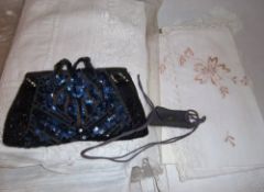 Lg quantity of linens, 2 clutch purses and a neck purse