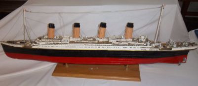 Wooden ship on plinth size approx 104 cm
