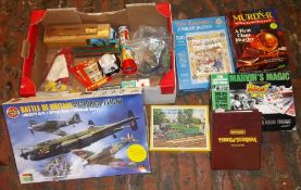 Box of old toys inc Magic Roundabout kaleidoscope, Subbuteo parts, Airfix etc