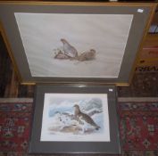 2 prints of patridges and grousse, one signed by Robin Armstrong