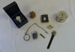 Pocket watch, sm money box, watches etc