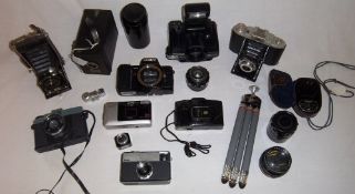 Old cameras, bags, lenses, tripods etc inc May Fair camera, Kodak Junior 620, Fuji FZ3000 etc