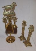 Brass companion set & pr of brass candlesticks