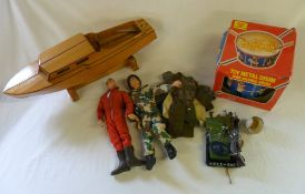 2 old action men figures with clothing, guns, hats etc, model wooden speedboat & toy metal drum in