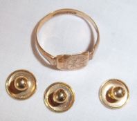 9ct gold signet ring & collar studs - wt approx 0.13