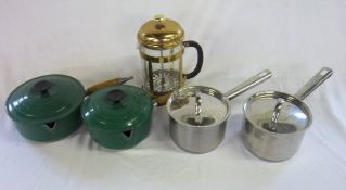 2 lidded green 'Le Creuset' saucepans, 2 'ultimate' st steel saucepans & lg cafetiere