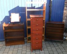 Tall pine shelf, tall chest of drawers, mirror & 2 book cases.