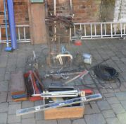 Sack barrow, Sherpa winch, hydraulic clamp, spot welder, tyre pressure gauge, 3 socket sets, air