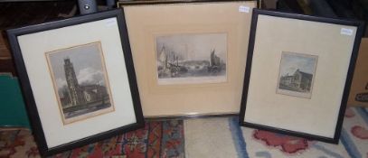 3 framed engravings depicting Boston Church, The Town Hall Boston & Boston Church And Grand Sluice