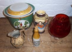 Jardiniere, Japanese vase, old jug, Barton on Humber ginger beer bottle, large glass, etc