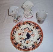 WWI commemorative beaker, two small vases and a plate