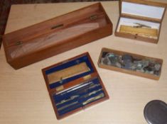 3 wooden cases of draftman's pens, rules etc & sm. box of WWI metal archeological finds