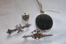 Silver and quartz stone pendant, 2 silver brooches & heart locket