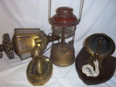 Brass lantern, brass mounted bell & brass horses head