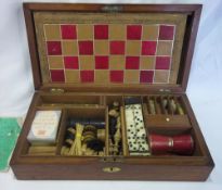 Victorian mah compendium box including dominoes, chess, draught pieces, gaming spade guineas etc.
