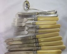 5 Silver collared fish knives, 4 forks with silver collars, 2 silver handled butter knives and an