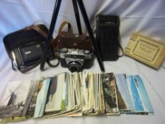 Sel. 20th c. mainly photographic postcards, sel. bookmarks, 3 cameras & miniature tripod