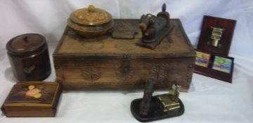 Sel. of wooden boxes including tea caddy, miniature pictures etc