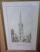 Framed hand coloured print depicting St James Church Louth viewed from Westgate by Charles Wickes