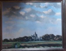 Framed oil on canvas of Crowland Abbey by John Grimble