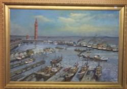 Framed oil on canvas of Grimsby Docks signed by George Odlin '94, size approx 94 x 60 cm