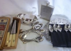A S.P. inc hip flask, dish stand, inc knives c1880 in original suppliers box & stamped VR etc