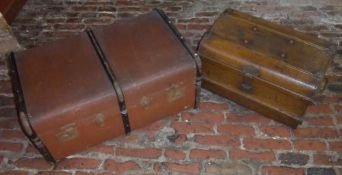 Sm tin trunk with 'Great Nothern Railway' sticker & ribbed trunk & two old framed photographs