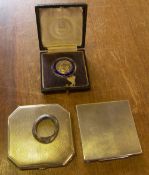 Silver cased medal 3rd V.B Warwicks rifle club, silver compact (3oz approx), silver collar & a white