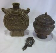Oriental copper lidded pot and chinese style ceramic vase with a bronze door knocker