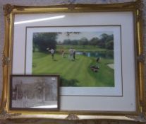 Lg. gilt framed print "Holing Out" at Kenwick golf club signed in pencil by the artist Tony Sheath