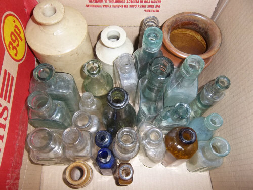 Approx 27 old glass & pot bottles