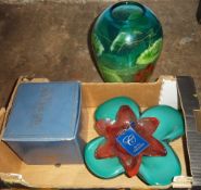 Caithness glass bowl, lge glass floral pattern vase, Morano glass dish & lge green/white glass bowl