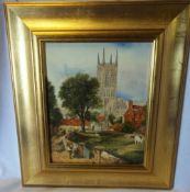 Framed oil painting depicting the Great Tower Lincoln Cathedral