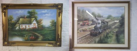 Framed Don Breckon print of a steam train & framed oil on vancas of a  country house