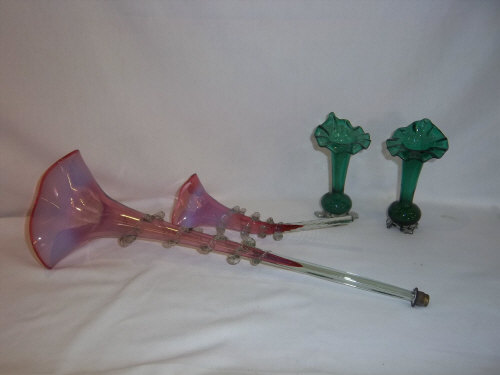 2 cranberry glass epergne trumpets & 2 green glass vases with clear glass feet