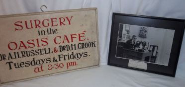 Dr Russell & Dr Crook Oasis Cafe sign and a framed picture of Doctor Brown in Bridge St Louth, 1938