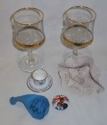 Pr of Charles and Diana goblets, porcelain bisque ornament, etc