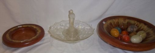 Ceramic fruit bowl with side bowl, glass figurine bowl,  and 11 stone eggs