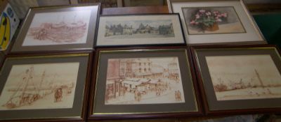 4 framed pen & ink drawings of Grimsby docks & Louth market place, framed watercolour still life