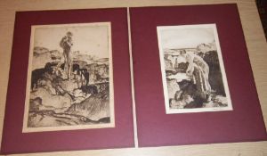 2 unframed signed etchings of semi naked ladies on rocky beaches by Sir William Russell Flint