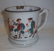 Staffordshire frog tankard with relief moulded design of men drinking