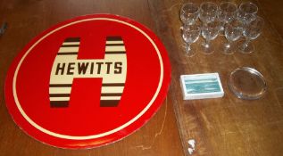 Hewitts brewery enamel sign, 8 Hewitts brewery port glasses, Great Grimsby coal, salt & tanning co