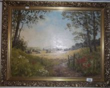 Framed oil on board depitcting country scene signed by Marjore E Burton, 1980.