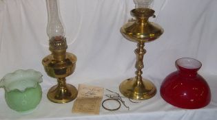 2 Brass lamps, red & green shade