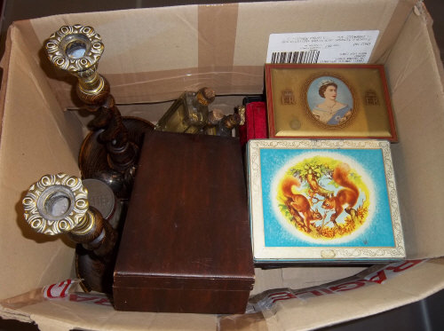 Pr oak candlesticks, old tins, sm caster oil bottles etc