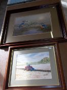 2 framed pictures, one tractor in field and Kingfishers