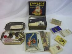 Sel. of stamps, railway tokens,  cigarette packets, 2 old tins and postcards